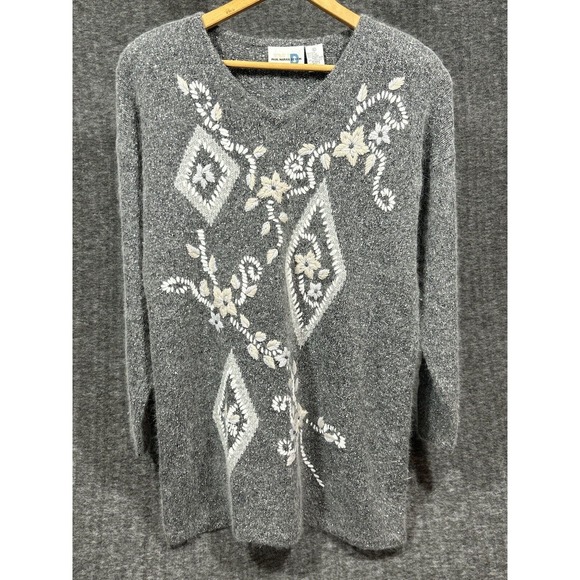 Paul‎ Harris Silk Angora Sweater Womens Large Gray Embroidered Floral Long VTG - Picture 1 of 8